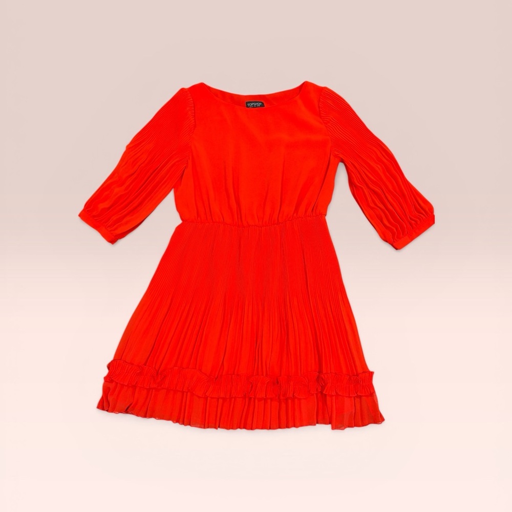 Topshop Vibrant Red Women’s 3/4 Sleeve Chiffon Pleated Ruffle Dress Size 8